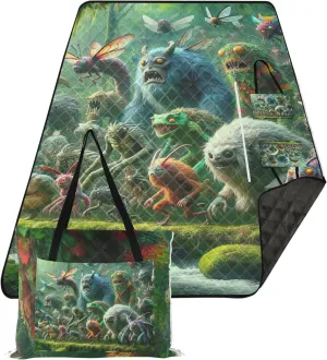 CHIFIGNO Monsters Jungle Adventure Oversized Beach Blanket Waterproof, Grass Blankets for Outdoors Foldable Mat Picnic Blanket, 80" x 60"