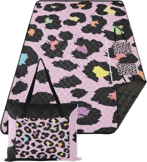 CHIFIGNO Pink Colorful Wild Leopard Foldable Picnic Blanket Cute Oversized Beach Blanket Waterproof Print Outdoor Mat for Camping 80" x 60"