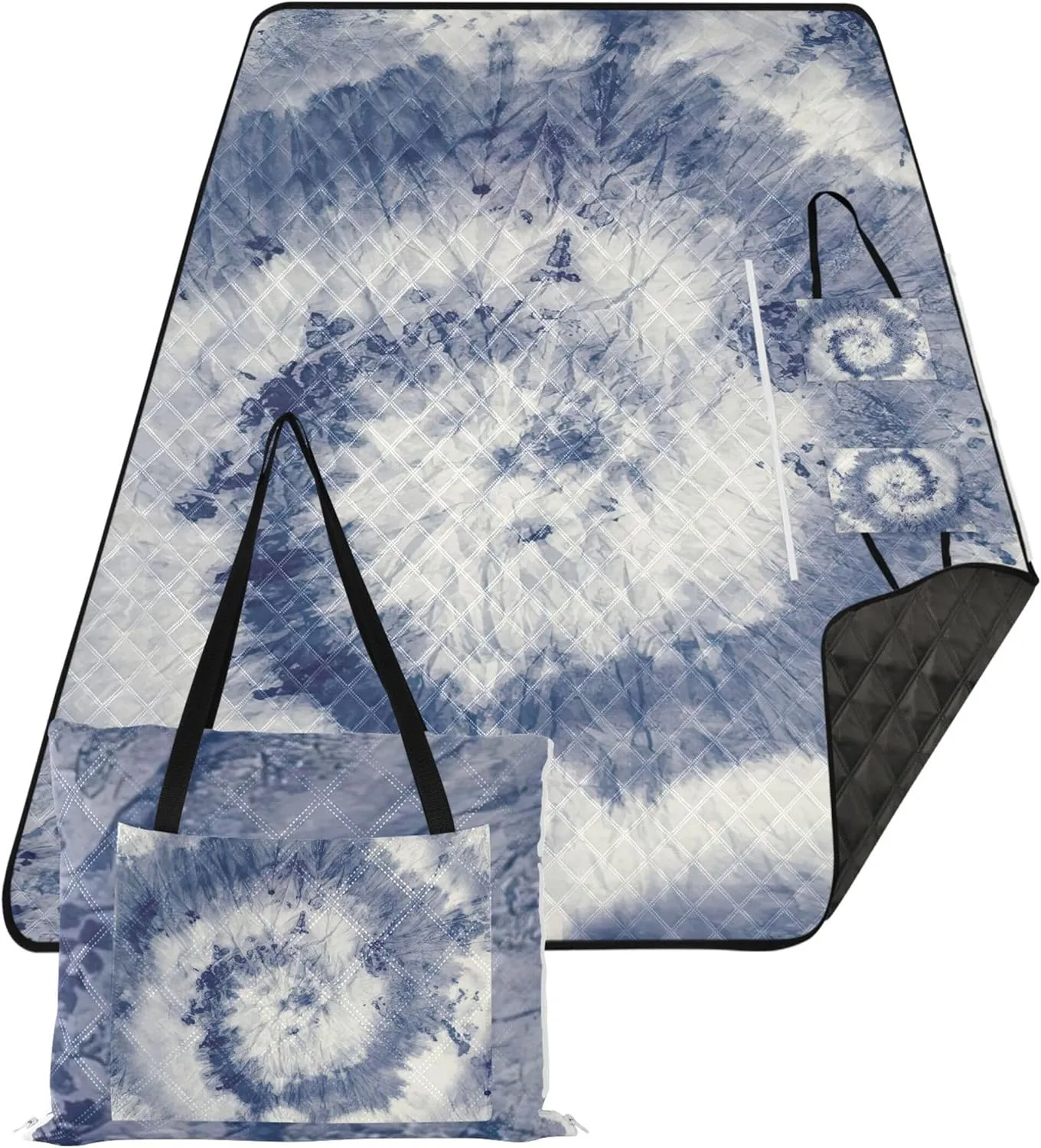 CHIFIGNO Tie Dye Swirl Blue Spiral Sand Proof Beach Blanket Waterproof Floral Tent Rugs for Camping Mat Picnic Supplies Foldable Mat 80" x 60"