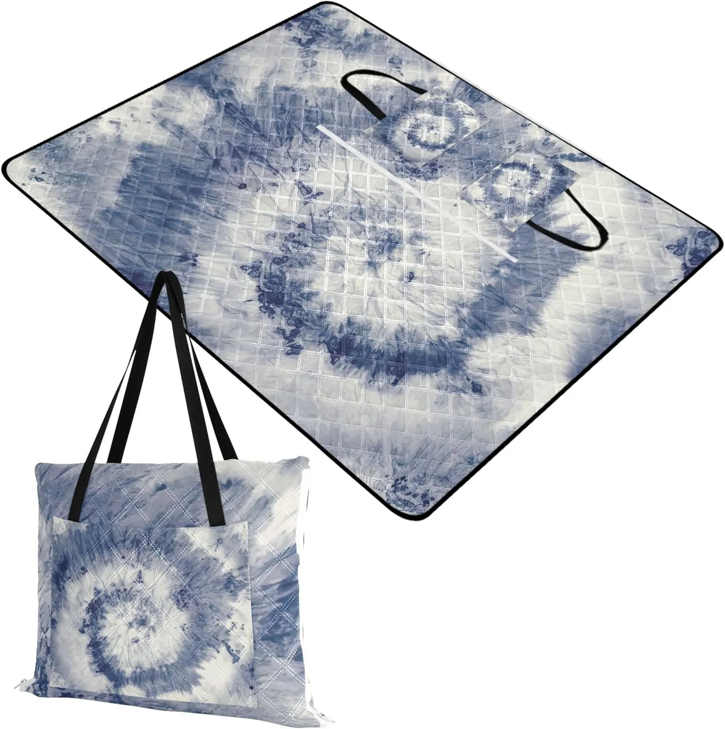 CHIFIGNO Tie Dye Swirl Blue Spiral Sand Proof Beach Blanket Waterproof Floral Tent Rugs for Camping Mat Picnic Supplies Foldable Mat 80" x 60"
