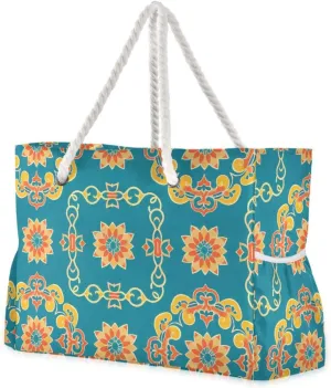 Chinese Culture Flower Pattern Blue Portable Travel Duffel Bag, Sports with side pocketes Beach Bag Sandproof Outdoor Perfect for Travel Pool Swim Beach Vacation Necessities