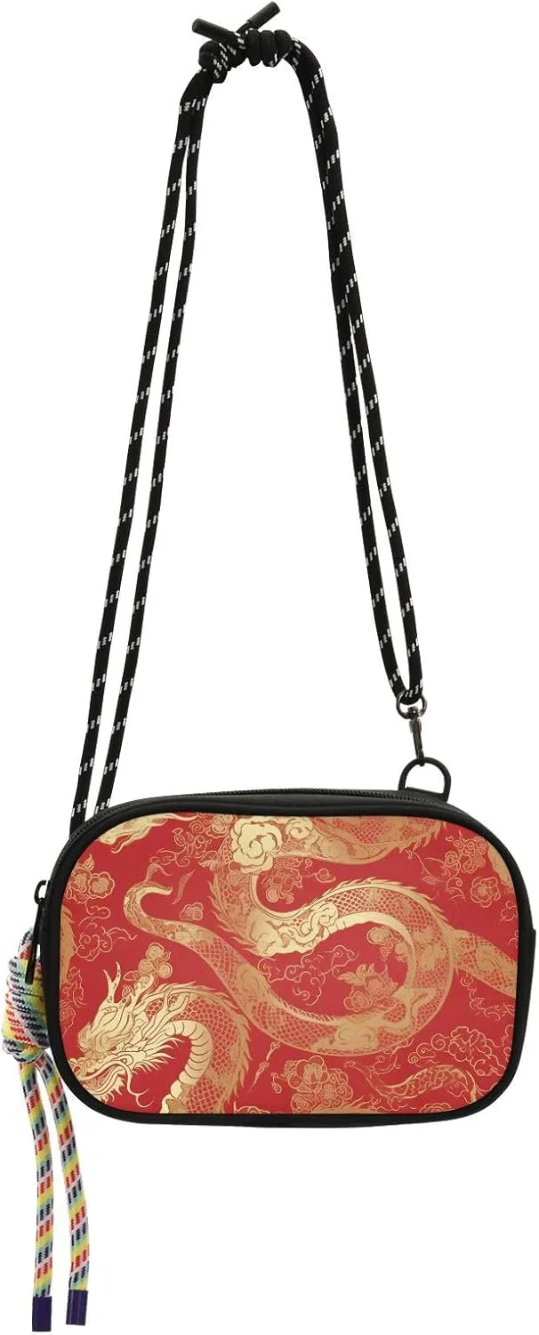 Chinese Golden Dragon Mini Crossbody Bag Women Waterproof with Adjustable Strap Cell Phone Bag For Hiking Traveling