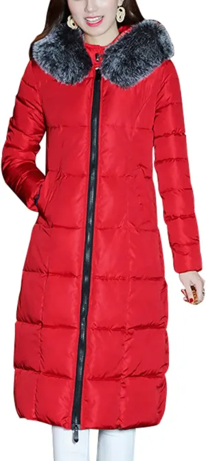 chouyatou Women's Winter Windproof Padded Long Down Alternative Coat Faux Fur Hood