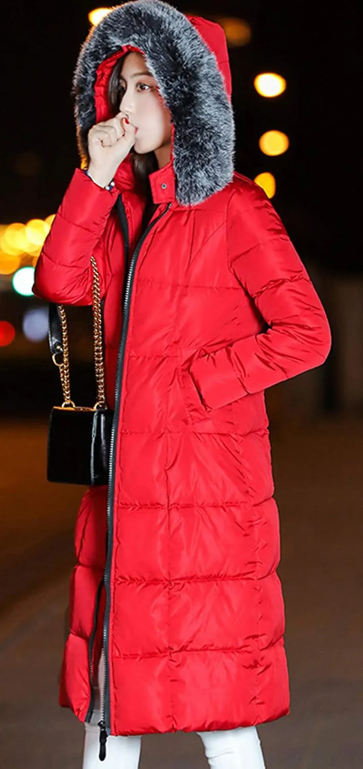 chouyatou Women's Winter Windproof Padded Long Down Alternative Coat Faux Fur Hood