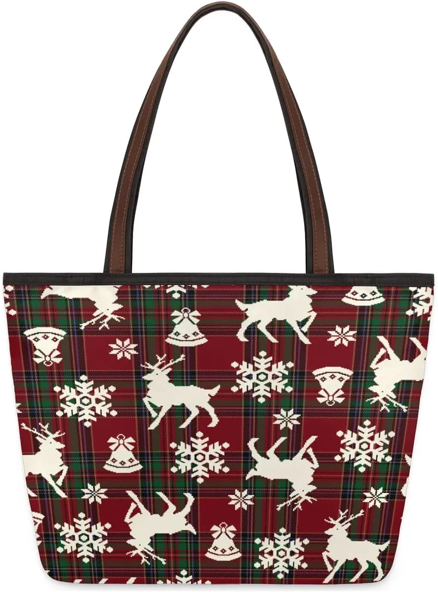Christmas Snowflakes Moose Tote Bag Tote for Women Zipper Womens Handbags Tote Bag for Work Shopping Travel