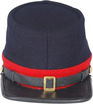 Civil War Union Artillery Leather Peak Plain Kepi – 100% Wool Handmade Navy Blue Hat with Red Band