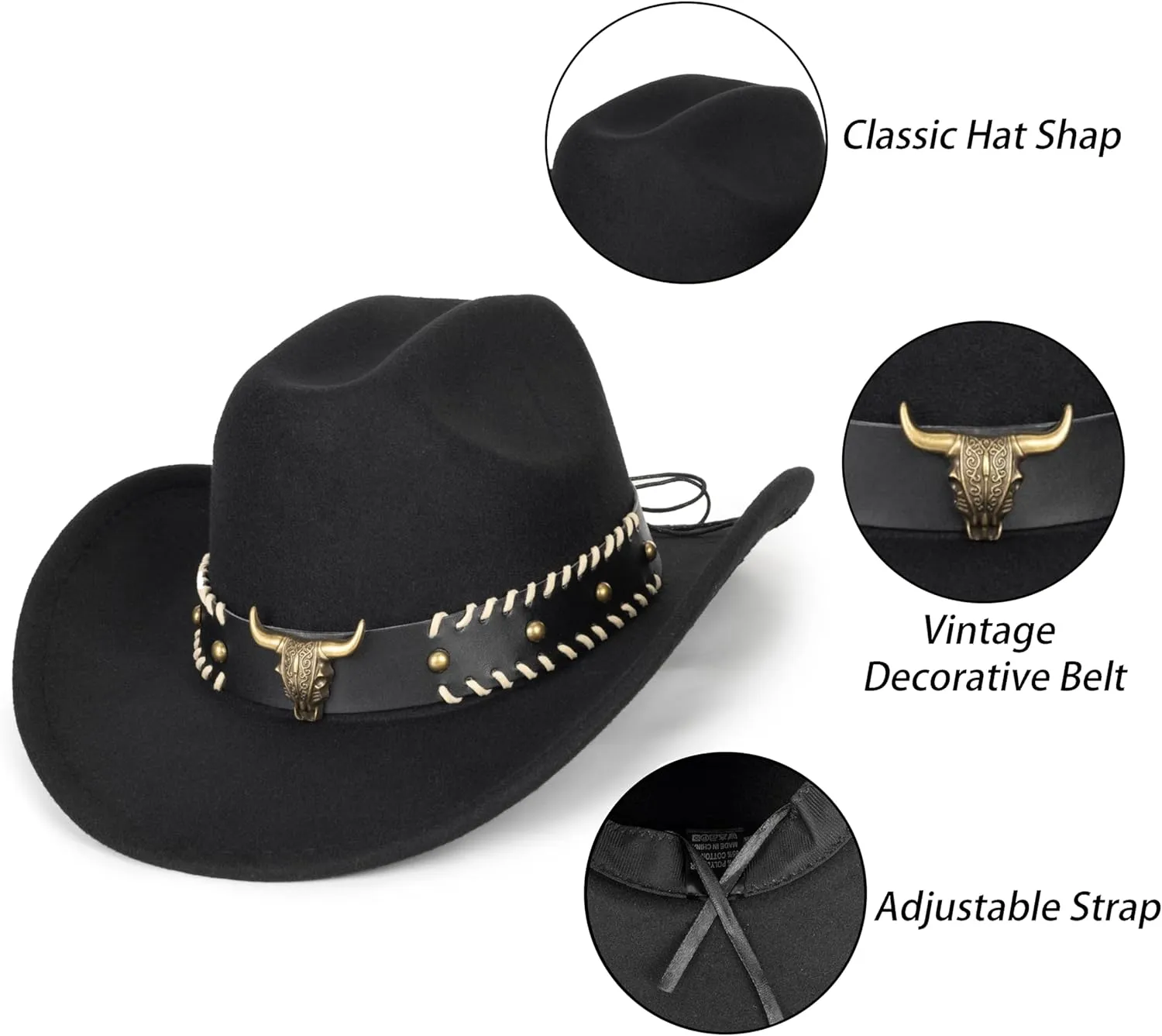 Classic Western-Cowboy-Hat Men Womens Wide Brim Cowgirl Hats Felt Fedora hat (S-M)