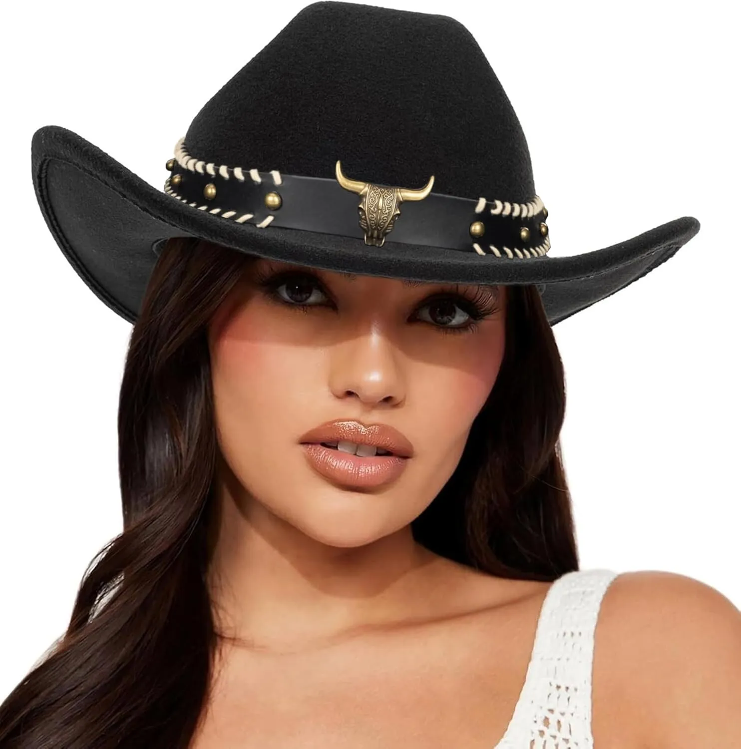 Classic Western-Cowboy-Hat Men Womens Wide Brim Cowgirl Hats Felt Fedora hat (S-M)