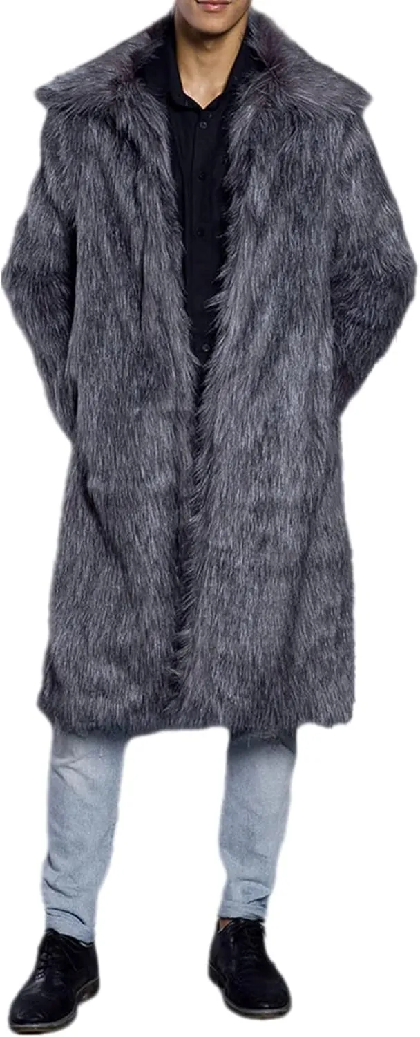 Colf Men's Fluffy Long Sleeve Faux Fur Coat Jacket Lapel Outwear Winter Parka Overcoat