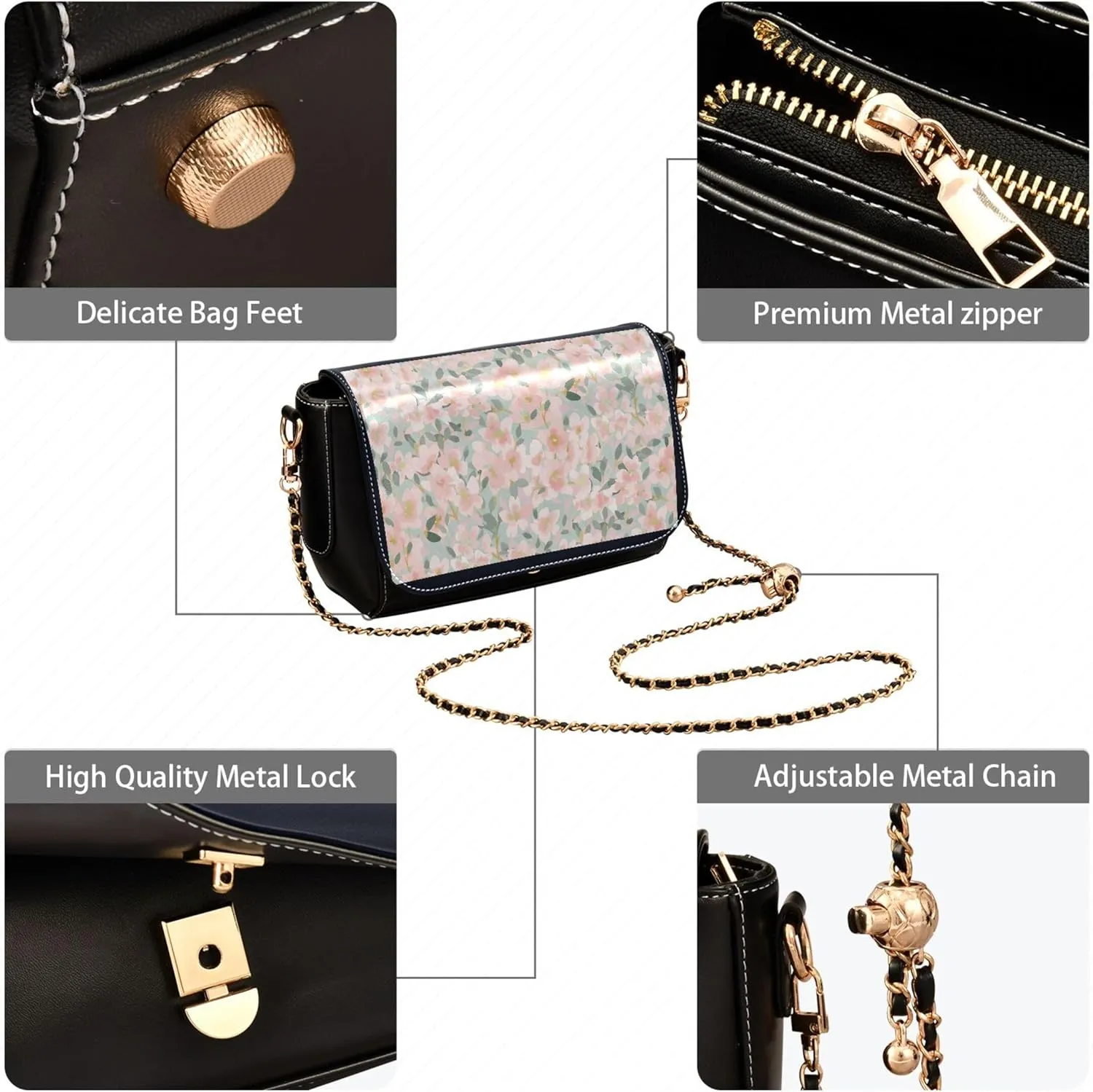 Colorful Flower Vivid Print Crossbody Purses for Women Black Shoulder Leather Bags Wallet Handbags with Chain Strap
