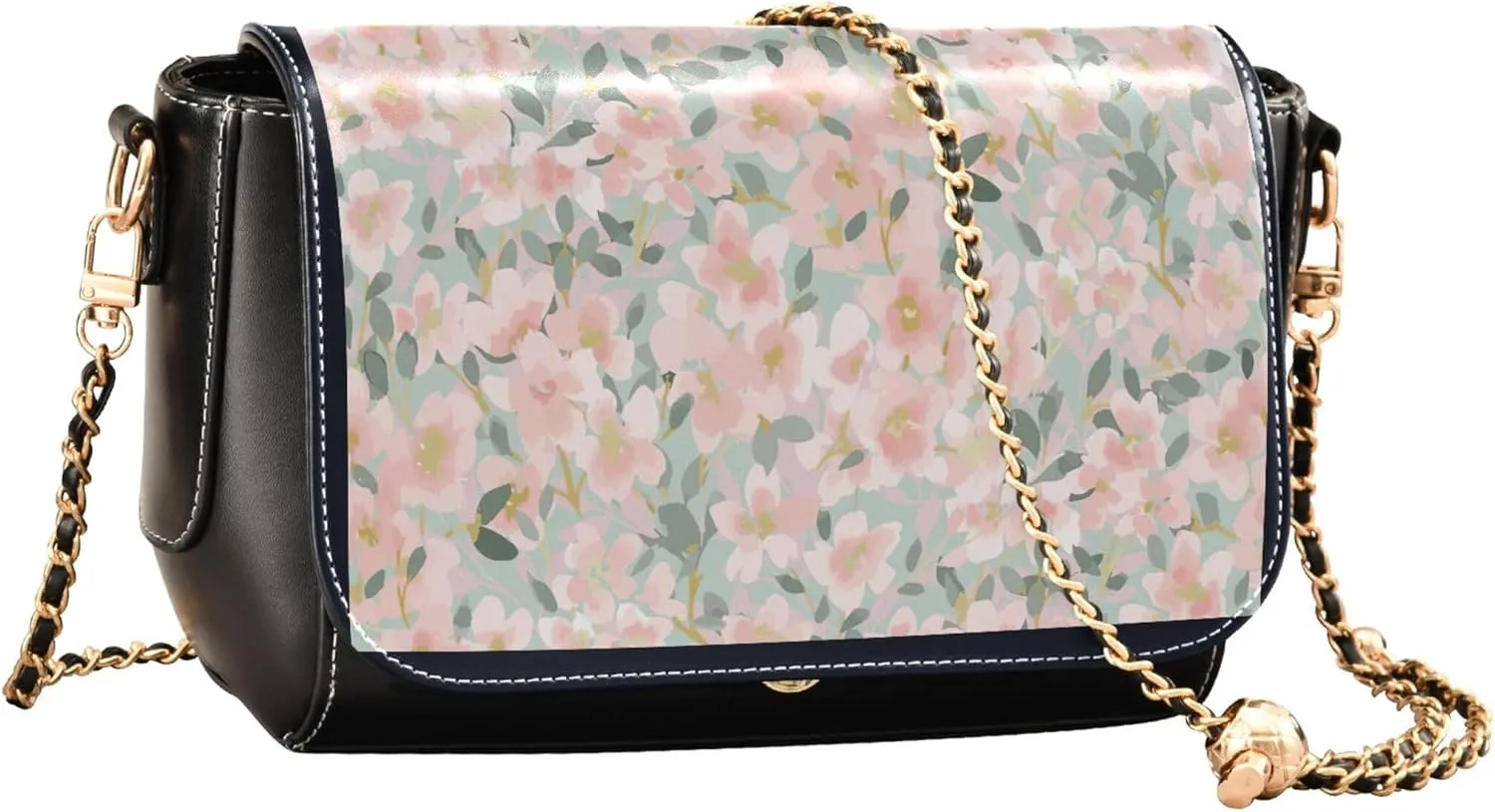 Colorful Flower Vivid Print Crossbody Purses for Women Black Shoulder Leather Bags Wallet Handbags with Chain Strap