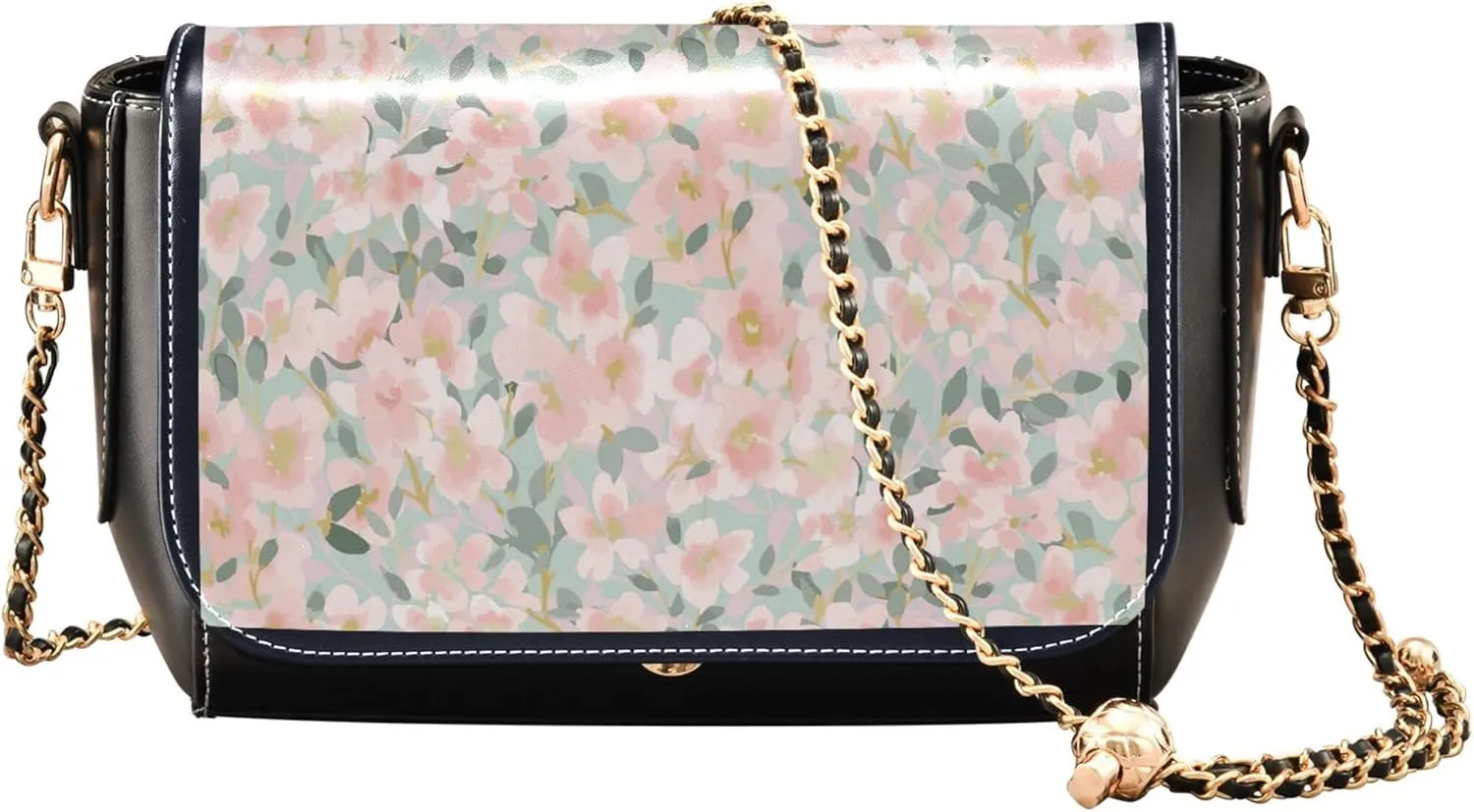Colorful Flower Vivid Print Crossbody Purses for Women Black Shoulder Leather Bags Wallet Handbags with Chain Strap