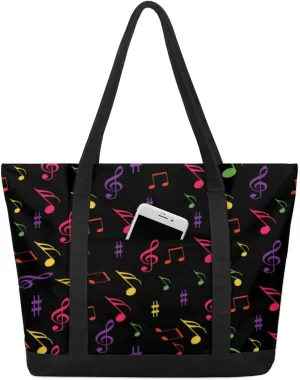 Colorful Music Note Tote Bag Tote Bag for Women Reusable Grocery Shopping Cloth Bags with Zipper Large Capacity Foldable Handbag Gym Bag for Gift Activity