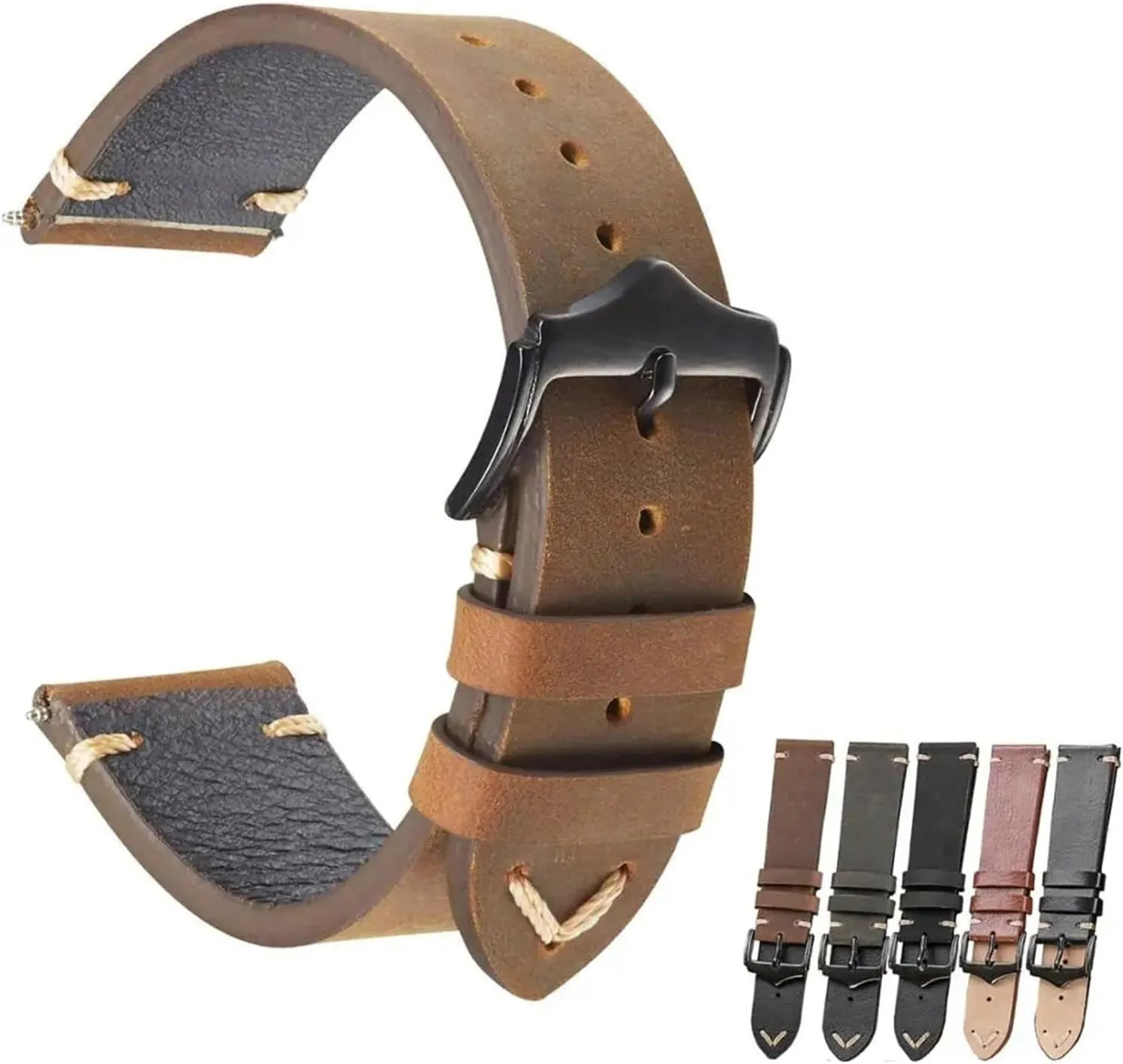 CongYi Genuine Leather Watch Strap 20mm 22mm Oil Wax Leather Watchband Belt Handmade Unisex Vintage Black Army Green Strap