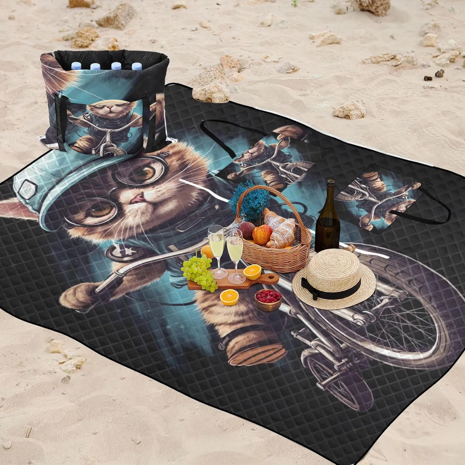 Cool Cat Print Sand Free Beach Blanket Waterproof Foldable Picnic Blanket Cute Outdoor Blanket Camping Mat 80" x 60"