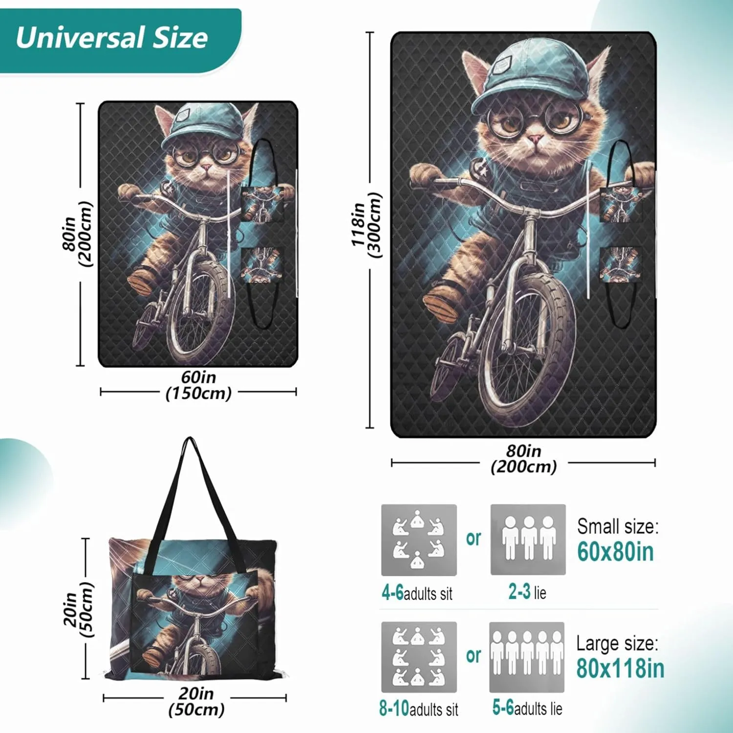Cool Cat Print Sand Free Beach Blanket Waterproof Foldable Picnic Blanket Cute Outdoor Blanket Camping Mat 80" x 60"