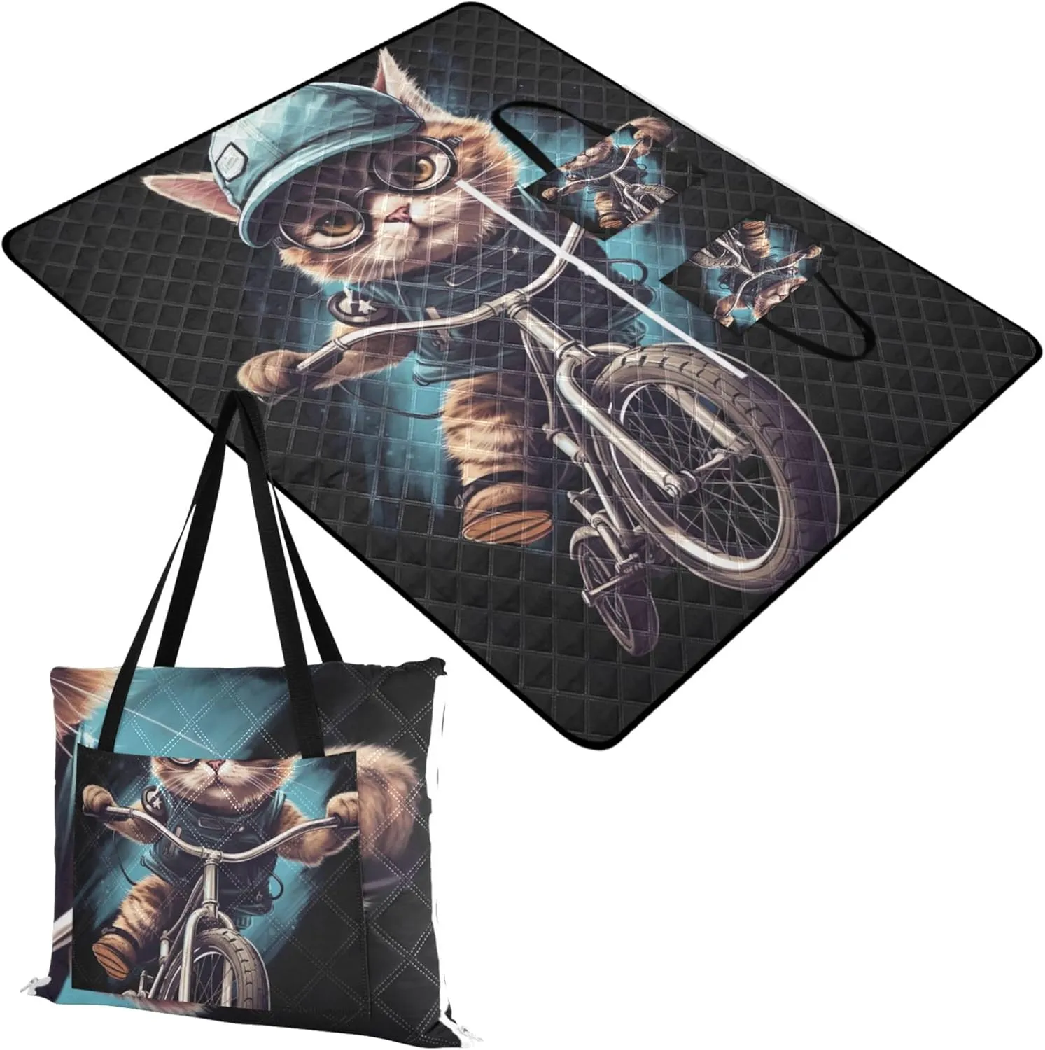 Cool Cat Print Sand Free Beach Blanket Waterproof Foldable Picnic Blanket Cute Outdoor Blanket Camping Mat 80" x 60"