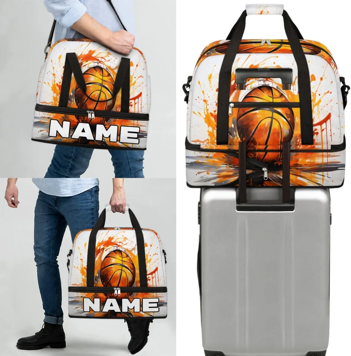 Cool Fire Basketball Custom Foldable Duffle Bag with Shoes Compartment Personalized Large Capacity Waterproof Travel Weekender Bag Overnight Bag for Sports Gym
