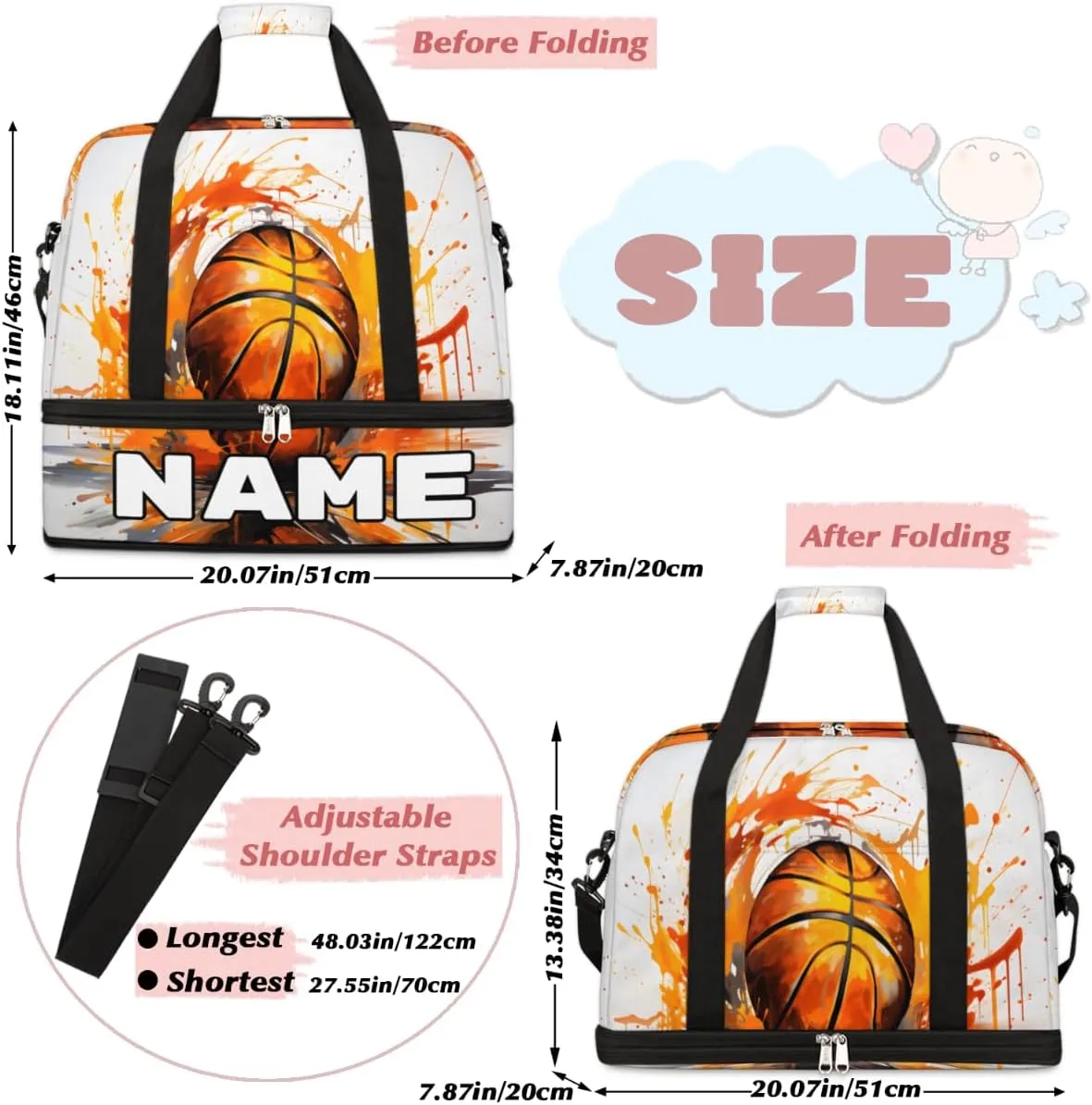 Cool Fire Basketball Custom Foldable Duffle Bag with Shoes Compartment Personalized Large Capacity Waterproof Travel Weekender Bag Overnight Bag for Sports Gym