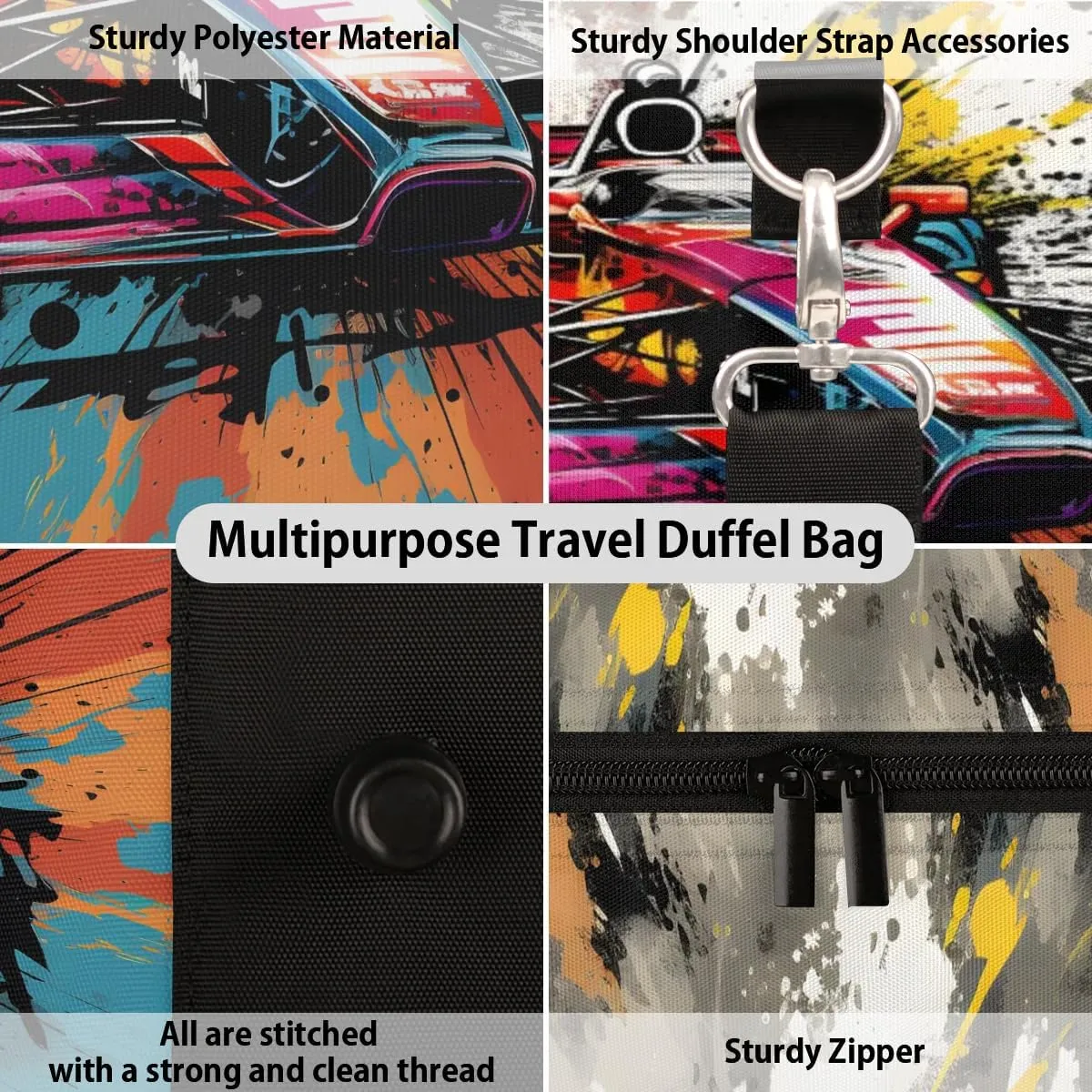 Cool Sports Car Travel Duffel Bag for Women Men Waterproof Foldable Overnight Weekender Bag Large Capacity Sports Gym Bag
