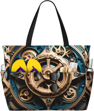 Cool Steampunk Gears Print 28L Large Beach Tote Bag, 7 Pockets Waterproof Travel Shoulder Bag, Gym Oversized Tote