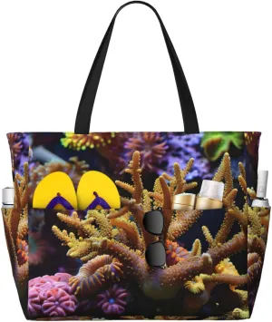 Coral Reef print Large Waterproof Beach Bag for Women Tote Bag for Travel Vacation fun Travel Bag