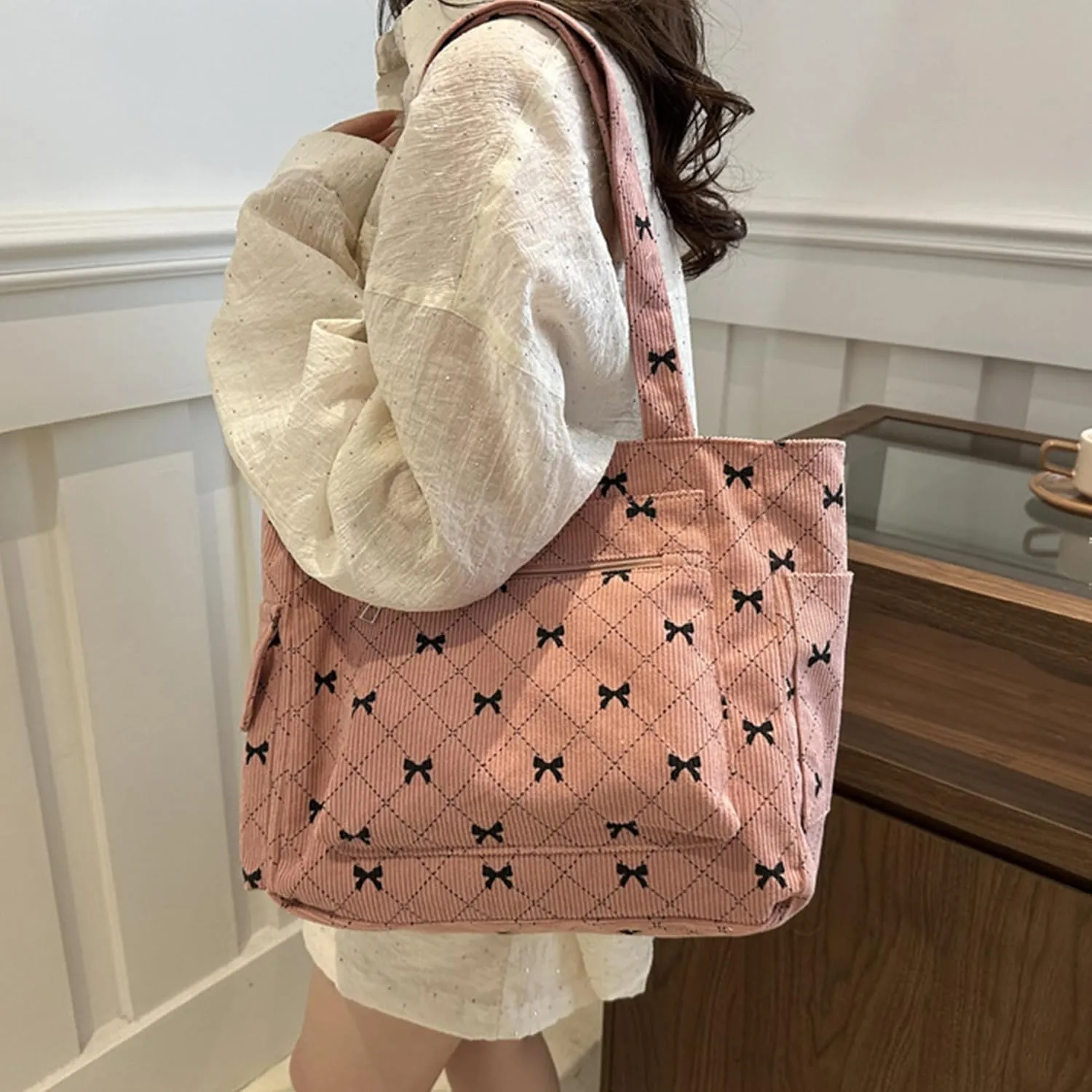 Corduroy Tote Bag for Women Cute Bow Shoulder Bag Purse with Pockets and Zipper Large Tote Bag for Travel Shopping