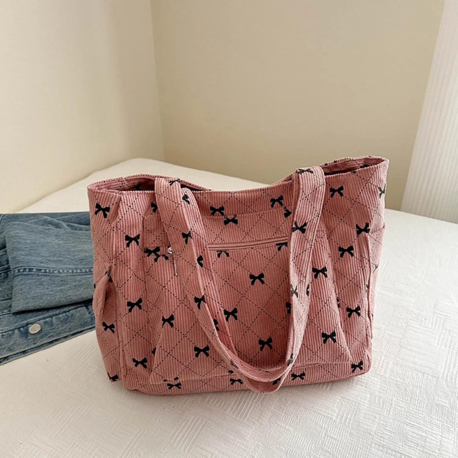 Corduroy Tote Bag for Women Cute Bow Shoulder Bag Purse with Pockets and Zipper Large Tote Bag for Travel Shopping