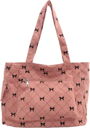 Corduroy Tote Bag for Women Cute Bow Shoulder Bag Purse with Pockets and Zipper Large Tote Bag for Travel Shopping