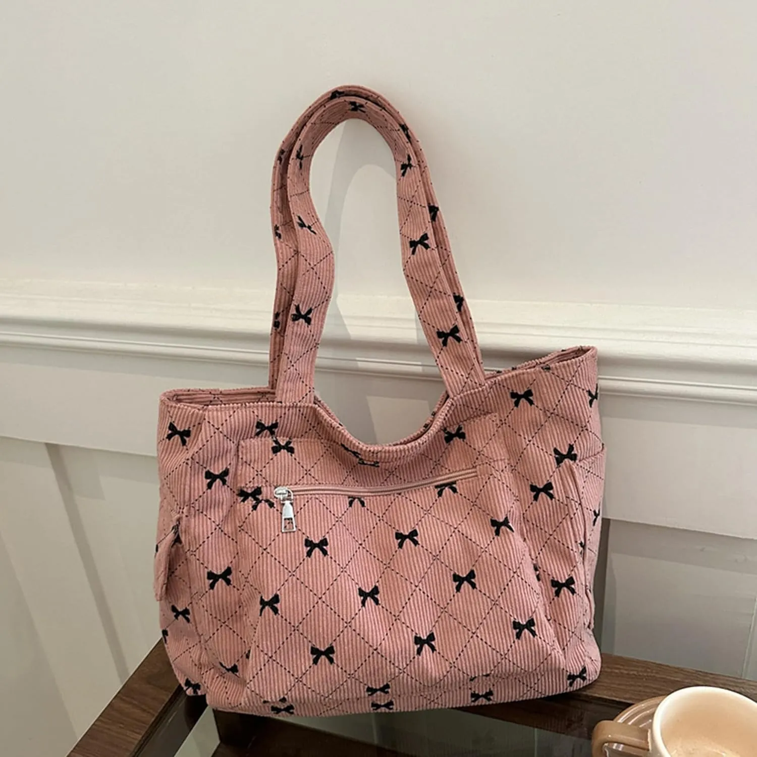 Corduroy Tote Bag for Women Cute Bow Shoulder Bag Purse with Pockets and Zipper Large Tote Bag for Travel Shopping
