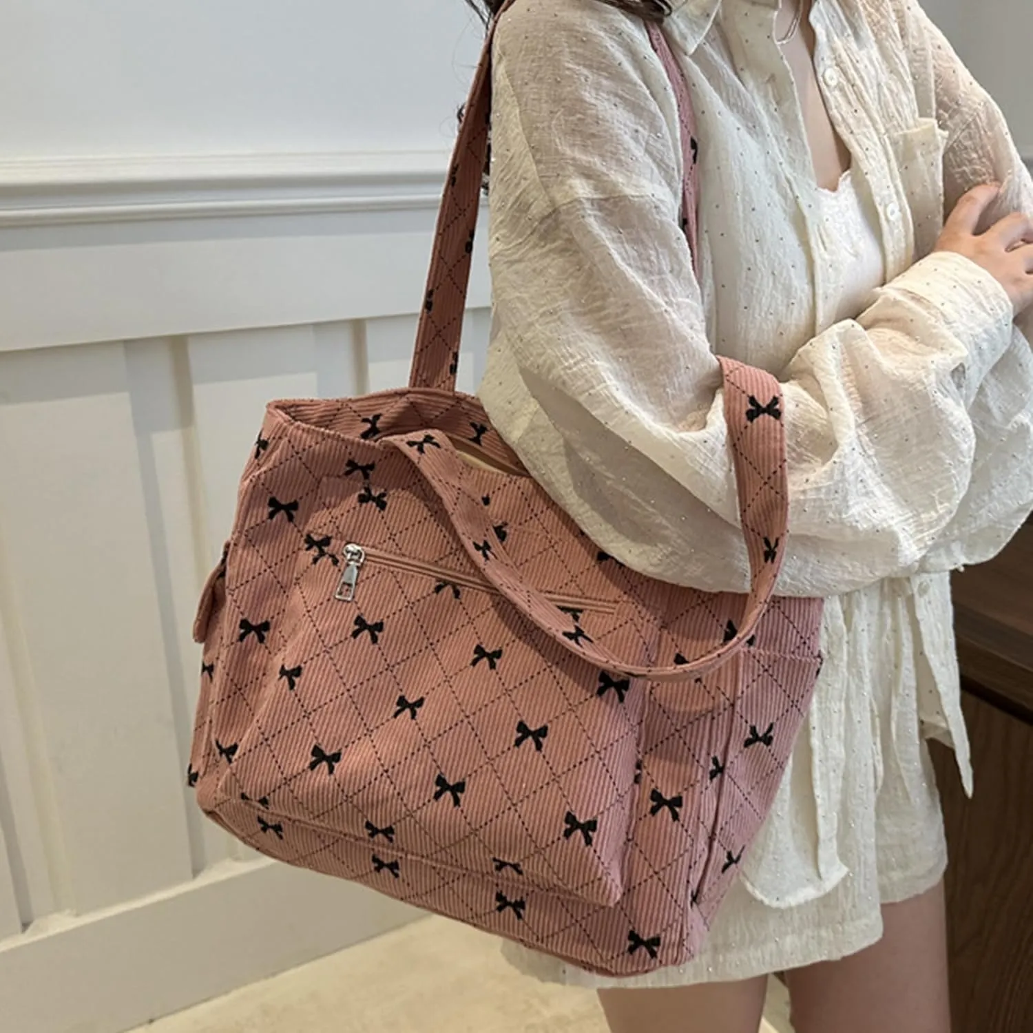 Corduroy Tote Bag for Women Cute Bow Shoulder Bag Purse with Pockets and Zipper Large Tote Bag for Travel Shopping