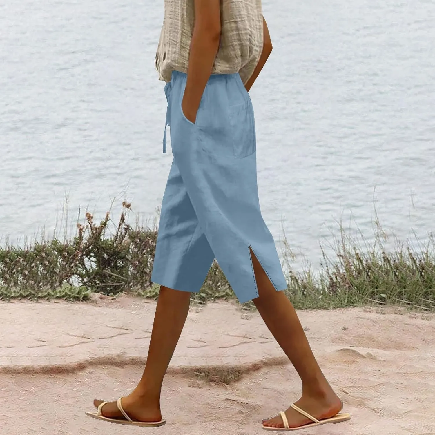Cotton Linen Pants Summer Capri Pants for Women Straight Wide Leg Cropped Trousers with Elastic Drawstring Waist