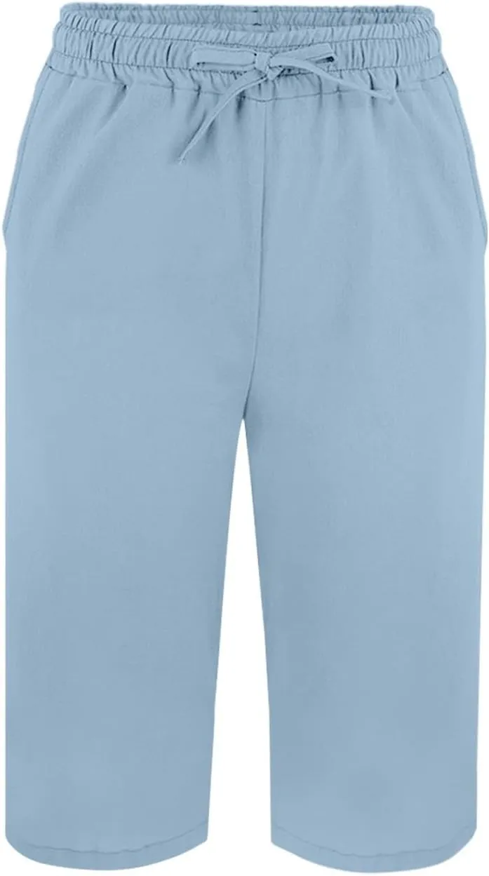 Cotton Linen Pants Summer Capri Pants for Women Straight Wide Leg Cropped Trousers with Elastic Drawstring Waist
