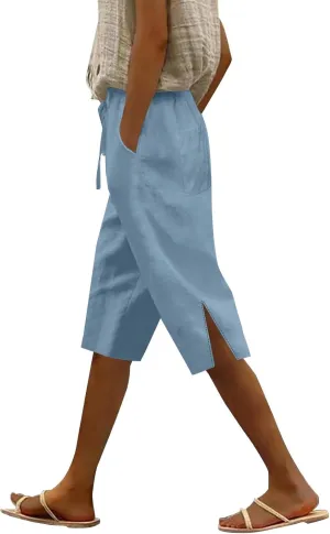 Cotton Linen Pants Summer Capri Pants for Women Straight Wide Leg Cropped Trousers with Elastic Drawstring Waist