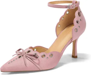 Coutgo Womens High Heels Bow Tie Closed Pointed Toe Stiletto Ankle Strap Studded Suede Dress Shoes