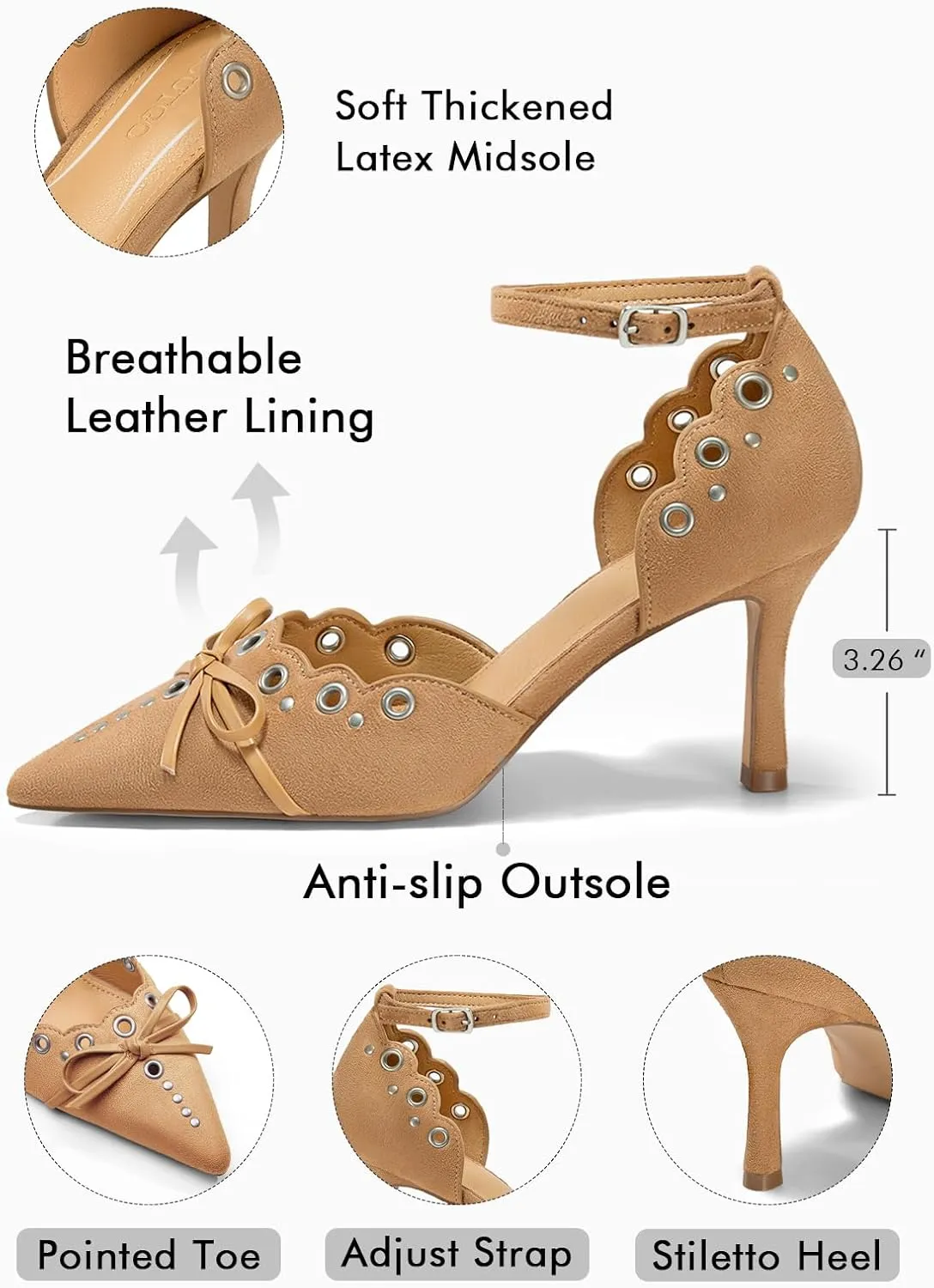 Coutgo Womens High Heels Bow Tie Closed Pointed Toe Stiletto Ankle Strap Studded Suede Dress Shoes