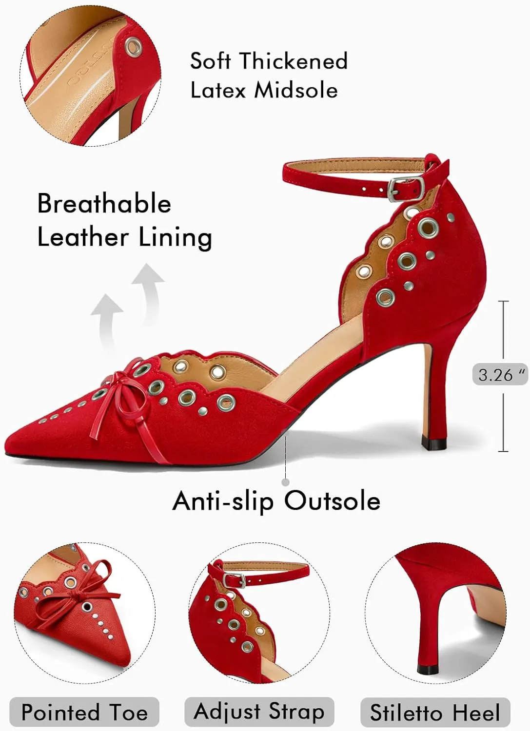 Coutgo Womens High Heels Bow Tie Closed Pointed Toe Stiletto Ankle Strap Studded Suede Dress Shoes