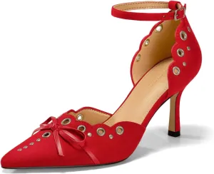 Coutgo Womens High Heels Bow Tie Closed Pointed Toe Stiletto Ankle Strap Studded Suede Dress Shoes