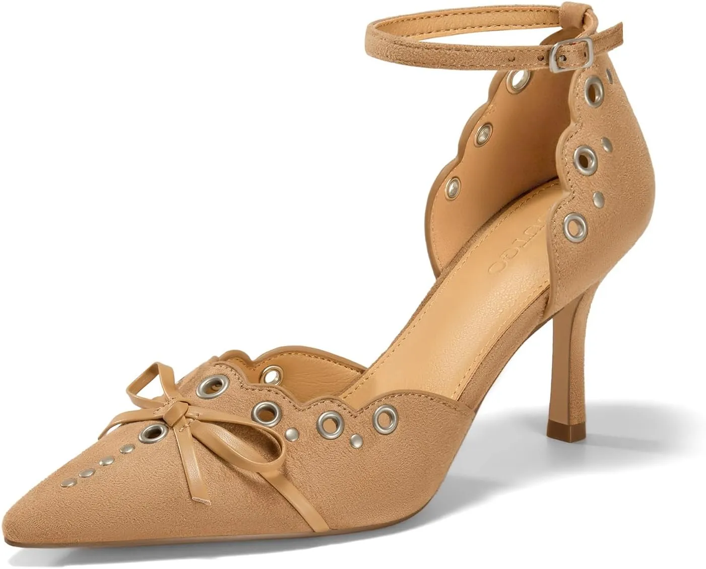 Coutgo Womens High Heels Bow Tie Closed Pointed Toe Stiletto Ankle Strap Studded Suede Dress Shoes