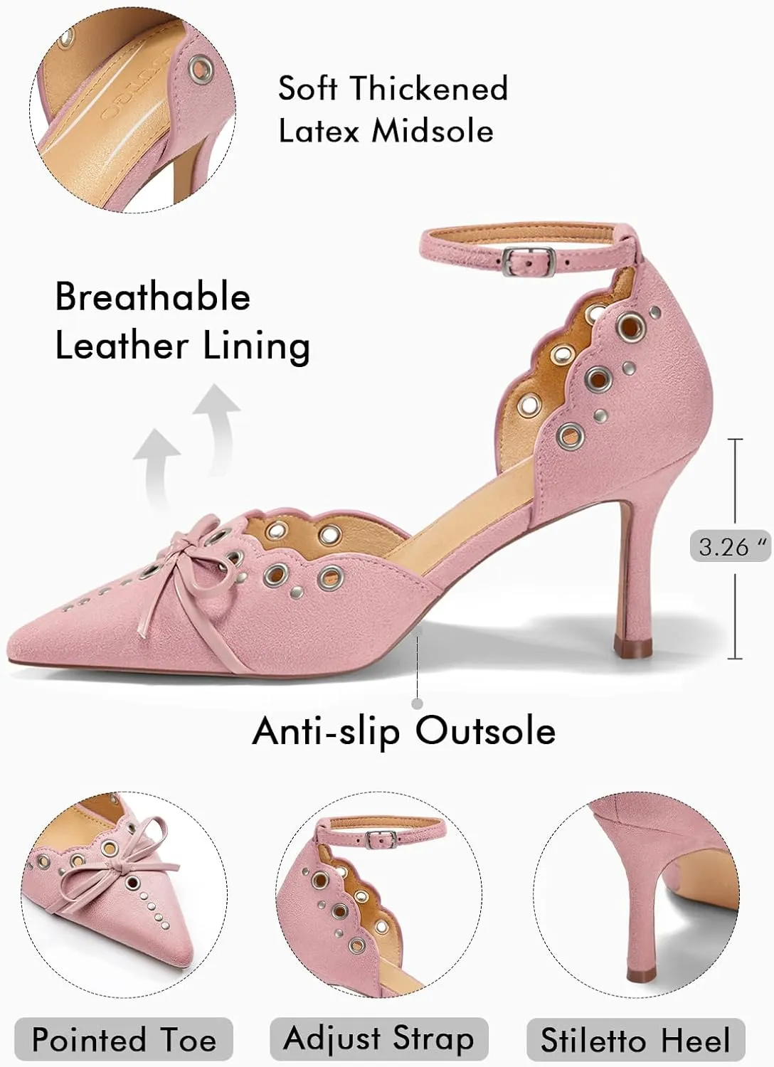 Coutgo Womens High Heels Bow Tie Closed Pointed Toe Stiletto Ankle Strap Studded Suede Dress Shoes