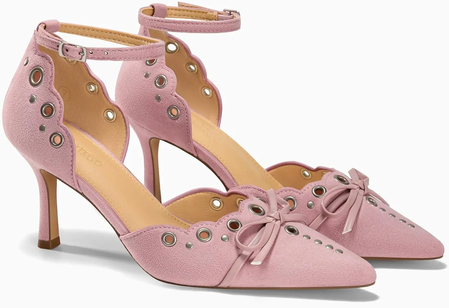 Coutgo Womens High Heels Bow Tie Closed Pointed Toe Stiletto Ankle Strap Studded Suede Dress Shoes