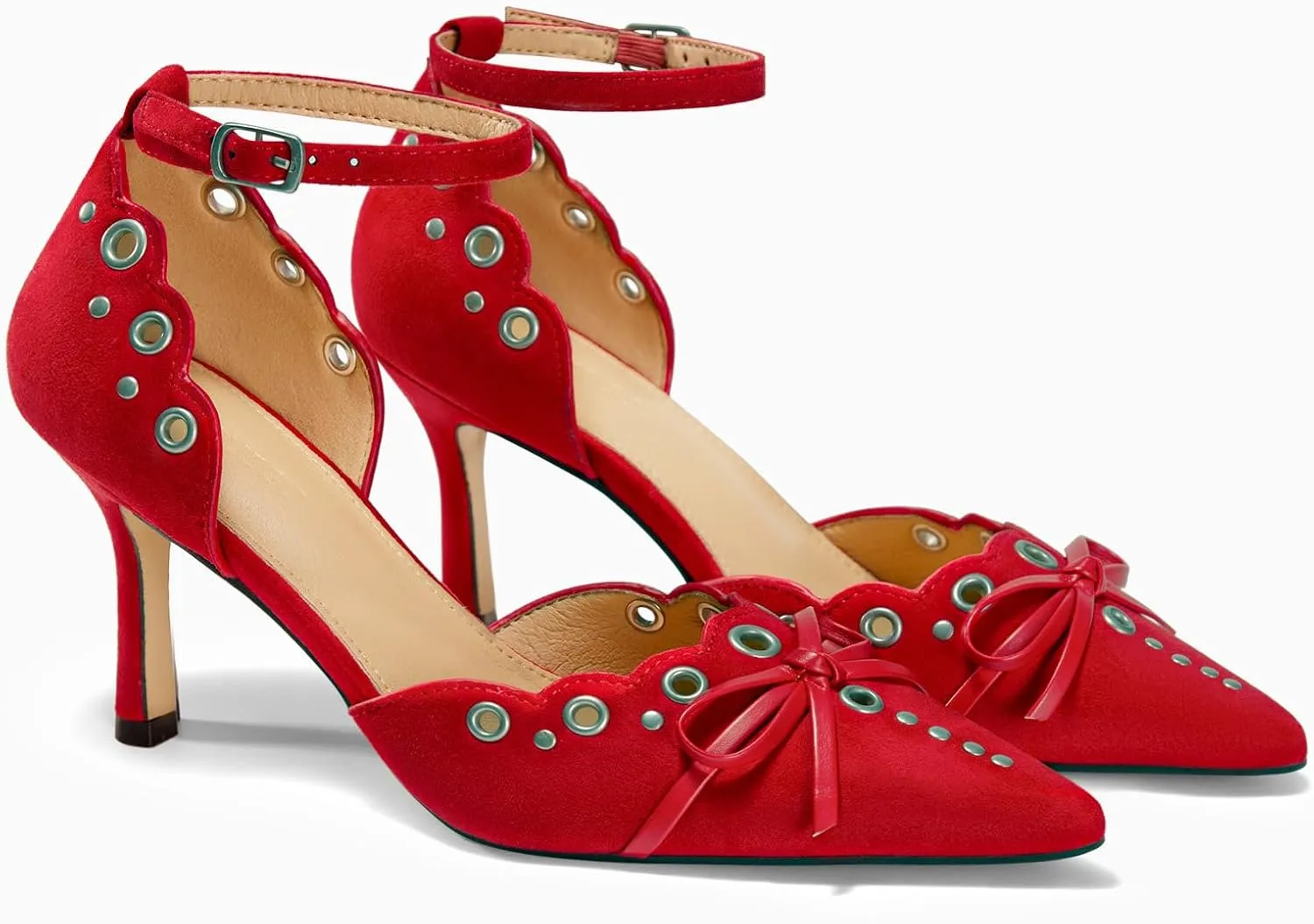 Coutgo Womens High Heels Bow Tie Closed Pointed Toe Stiletto Ankle Strap Studded Suede Dress Shoes