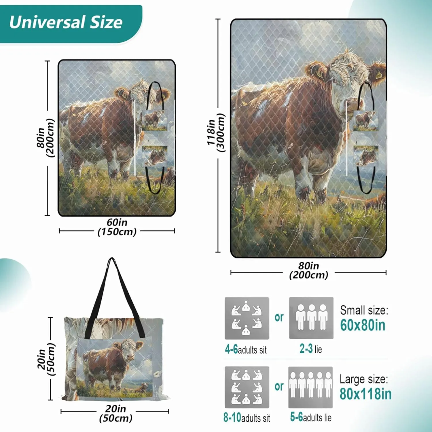 Cow Grass Cattle Painting no Sand Beach Blanket Waterproof Large Mat Picnic Blanket Cute Print Camping Blanket for Grass 80" x 60"