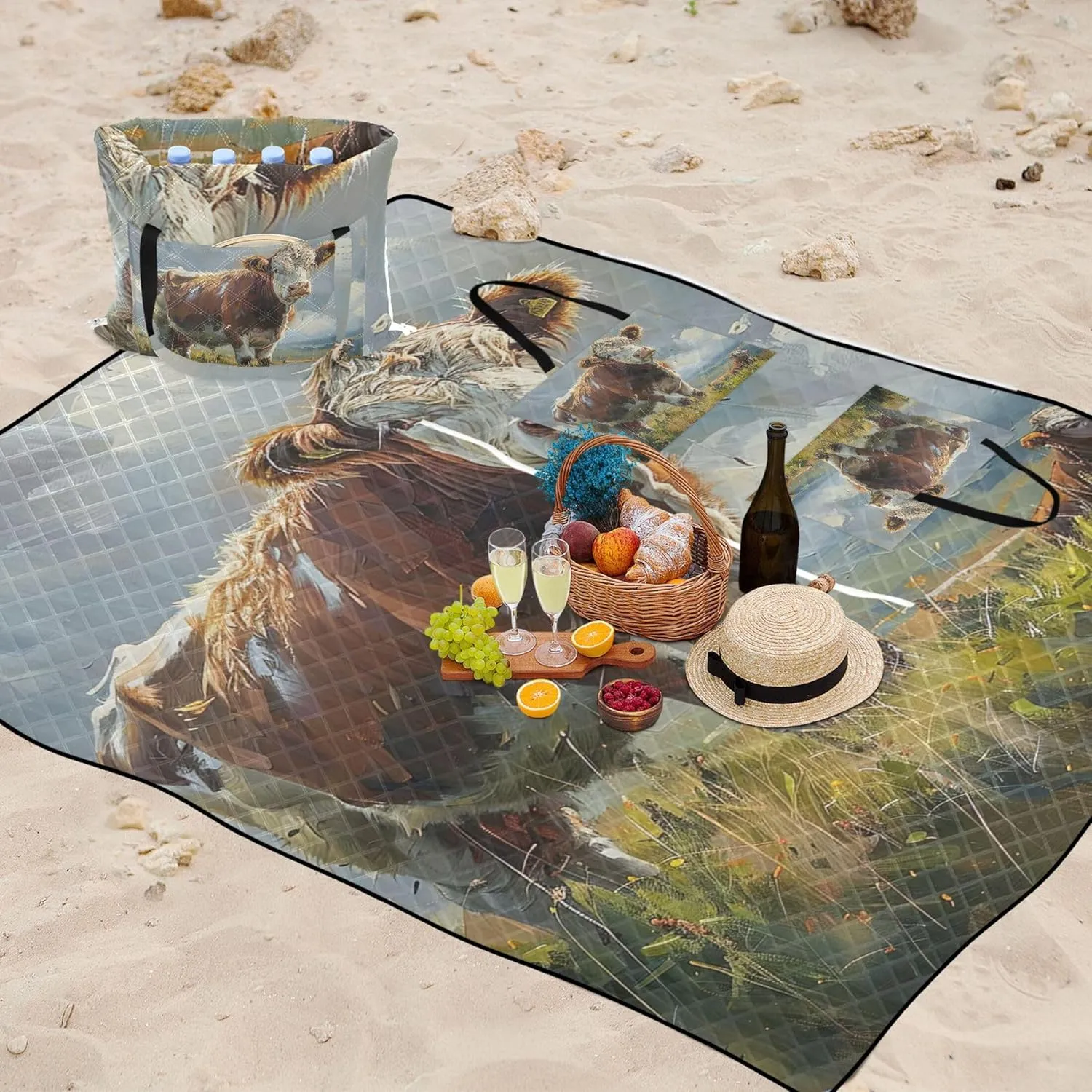 Cow Grass Cattle Painting no Sand Beach Blanket Waterproof Large Mat Picnic Blanket Cute Print Camping Blanket for Grass 80" x 60"