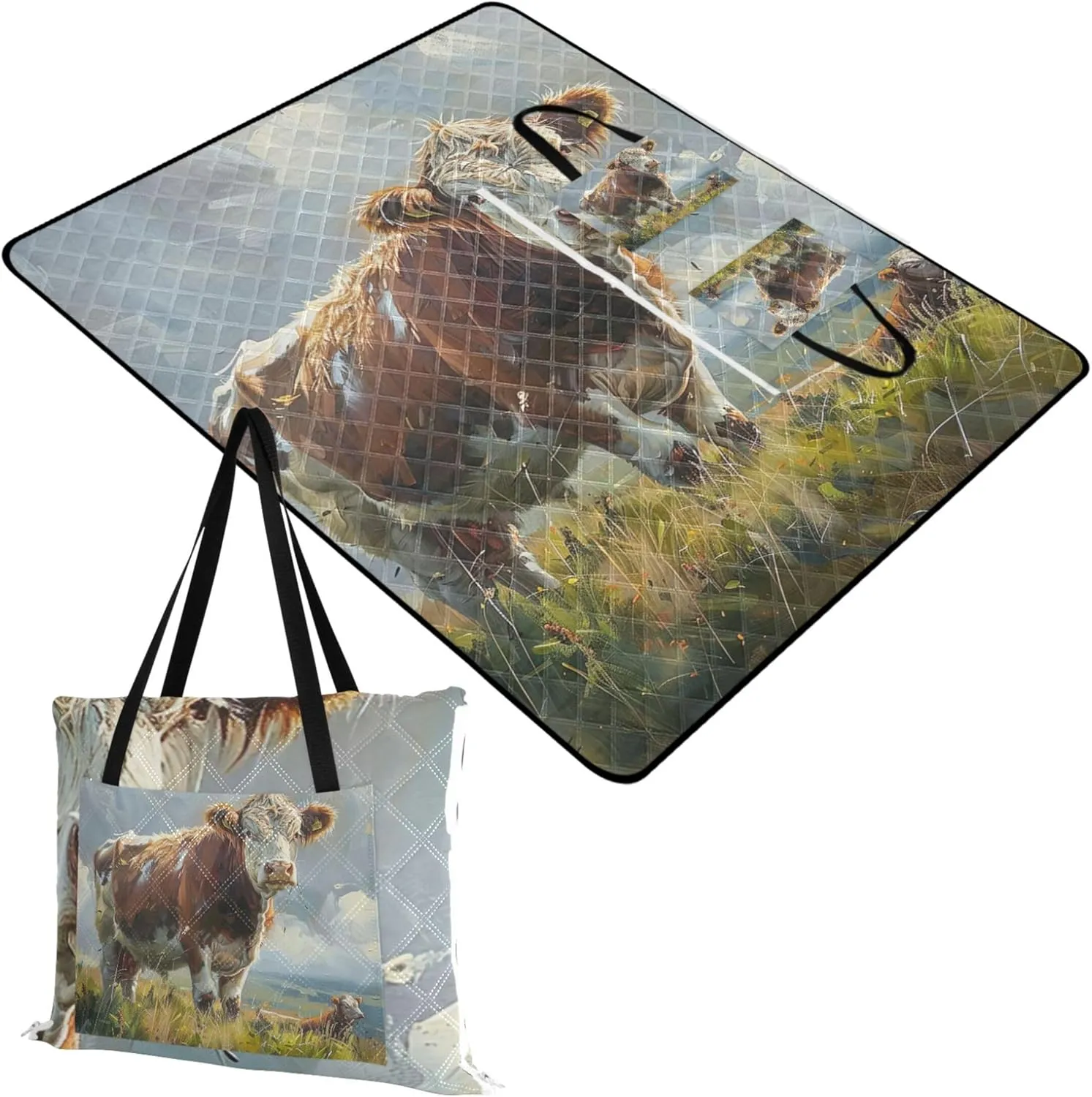 Cow Grass Cattle Painting no Sand Beach Blanket Waterproof Large Mat Picnic Blanket Cute Print Camping Blanket for Grass 80" x 60"