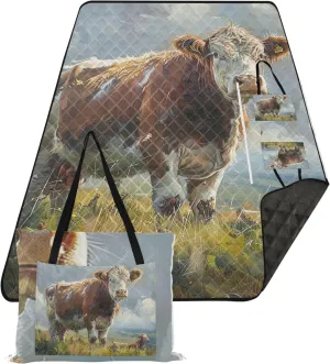 Cow Grass Cattle Painting no Sand Beach Blanket Waterproof Large Mat Picnic Blanket Cute Print Camping Blanket for Grass 80" x 60"