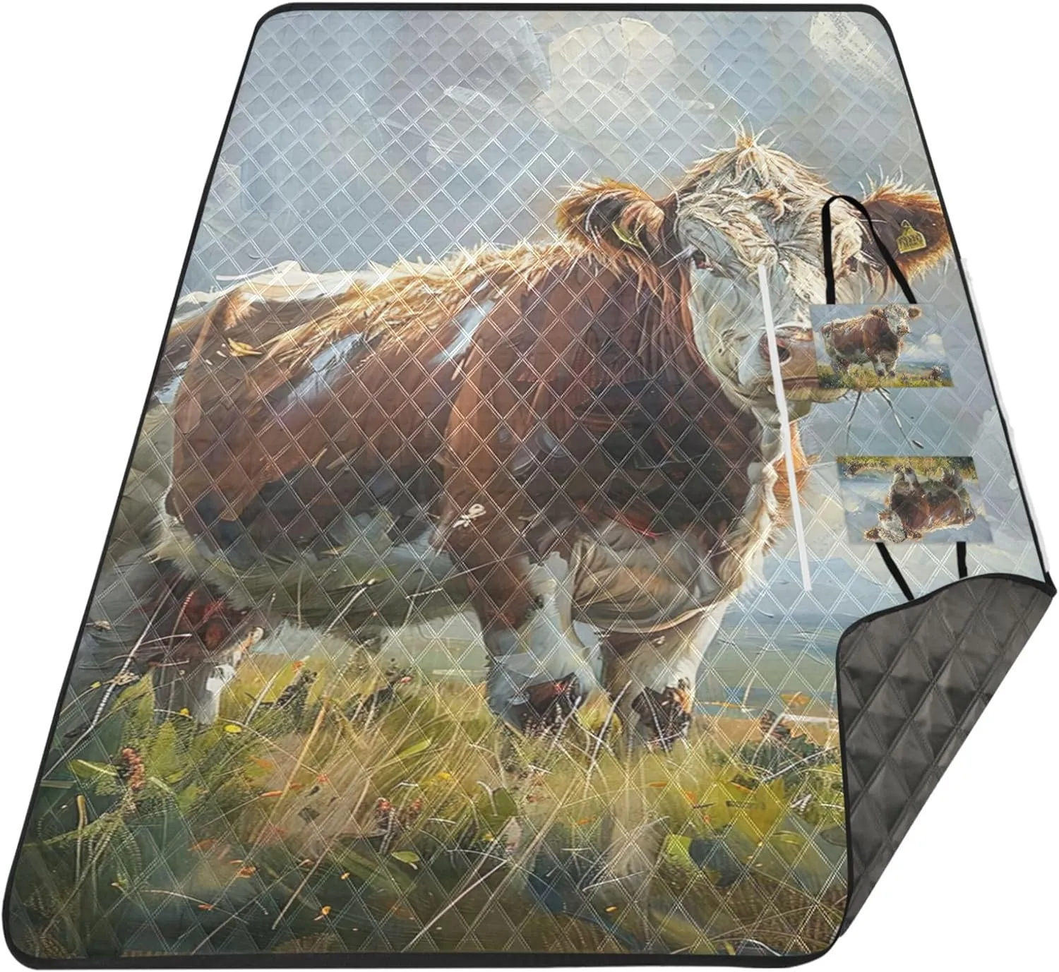 Cow Grass Cattle Painting no Sand Beach Blanket Waterproof Large Mat Picnic Blanket Cute Print Camping Blanket for Grass 80" x 60"