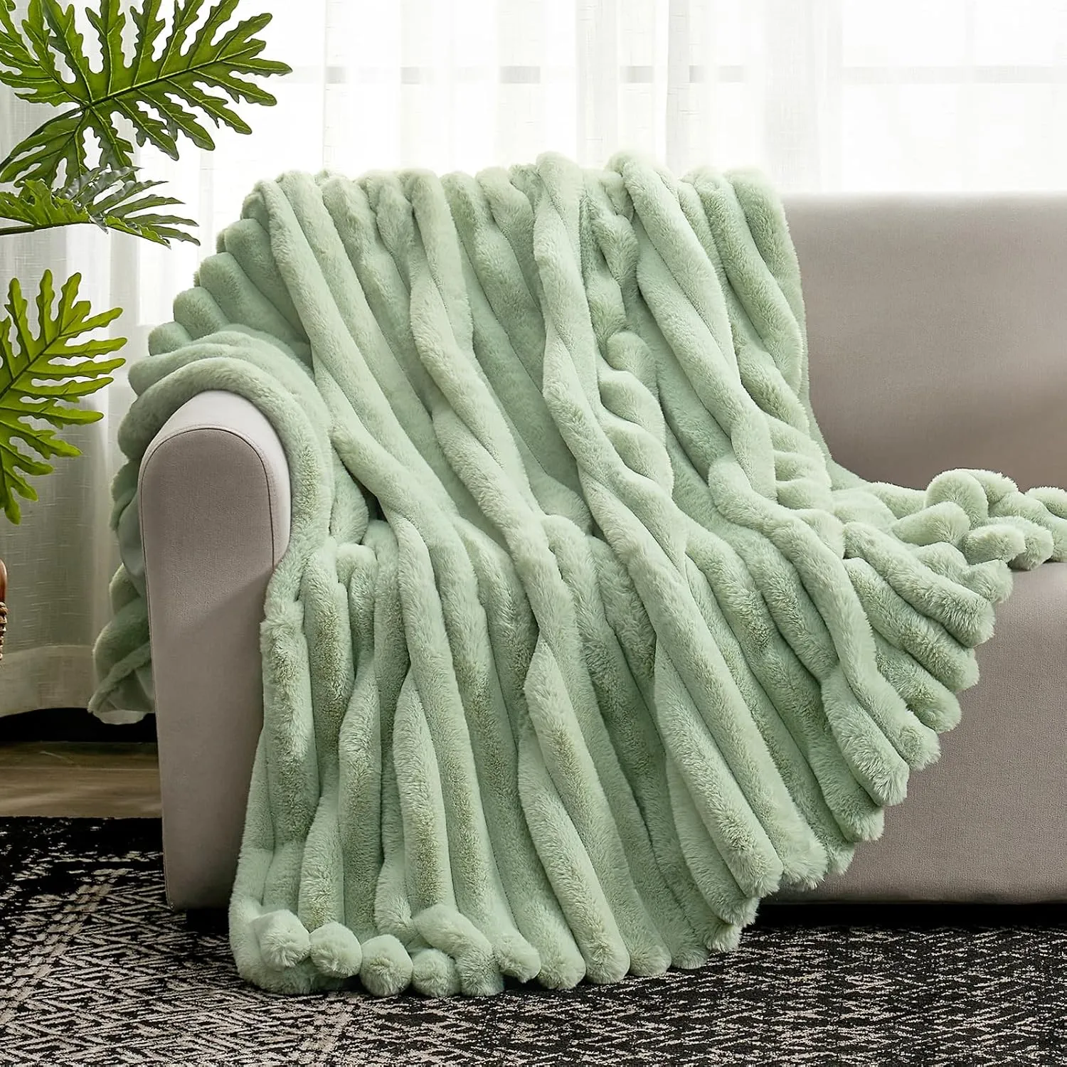 Cozy Bliss Faux Fur Throw Blanket for Couch, Cozy Warm Plush Striped Blanket for Sofa Bedroom Living Room, 60 * 80 Inches Sage Green