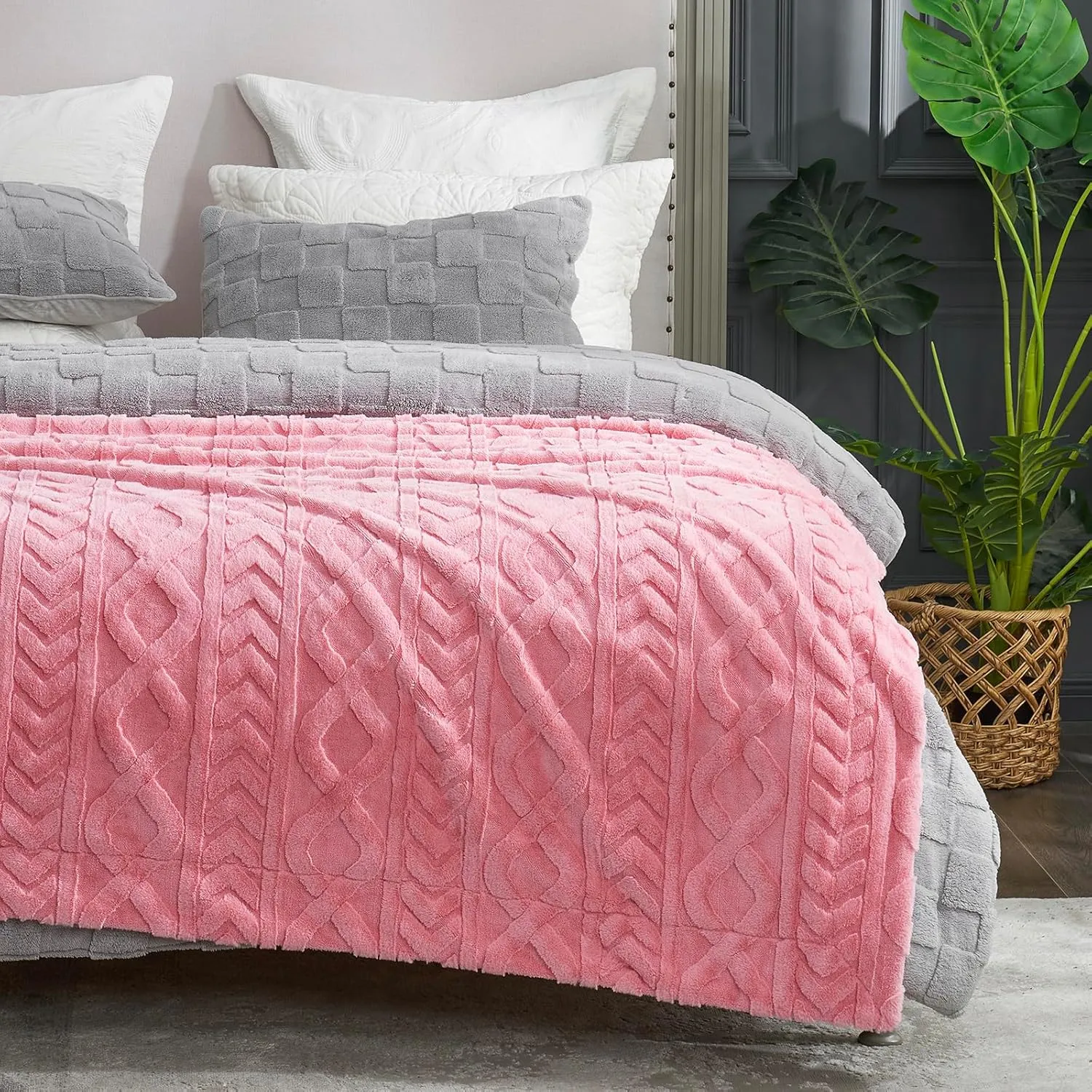 Cozy Bliss Faux Fur Throw Blanket for Couch, Jacquard Fuzzy Plush Soft Thick Winter Throw Blanket for Sofa Bed Living Room Bedroom, 50 * 60 Inches Hot Pink