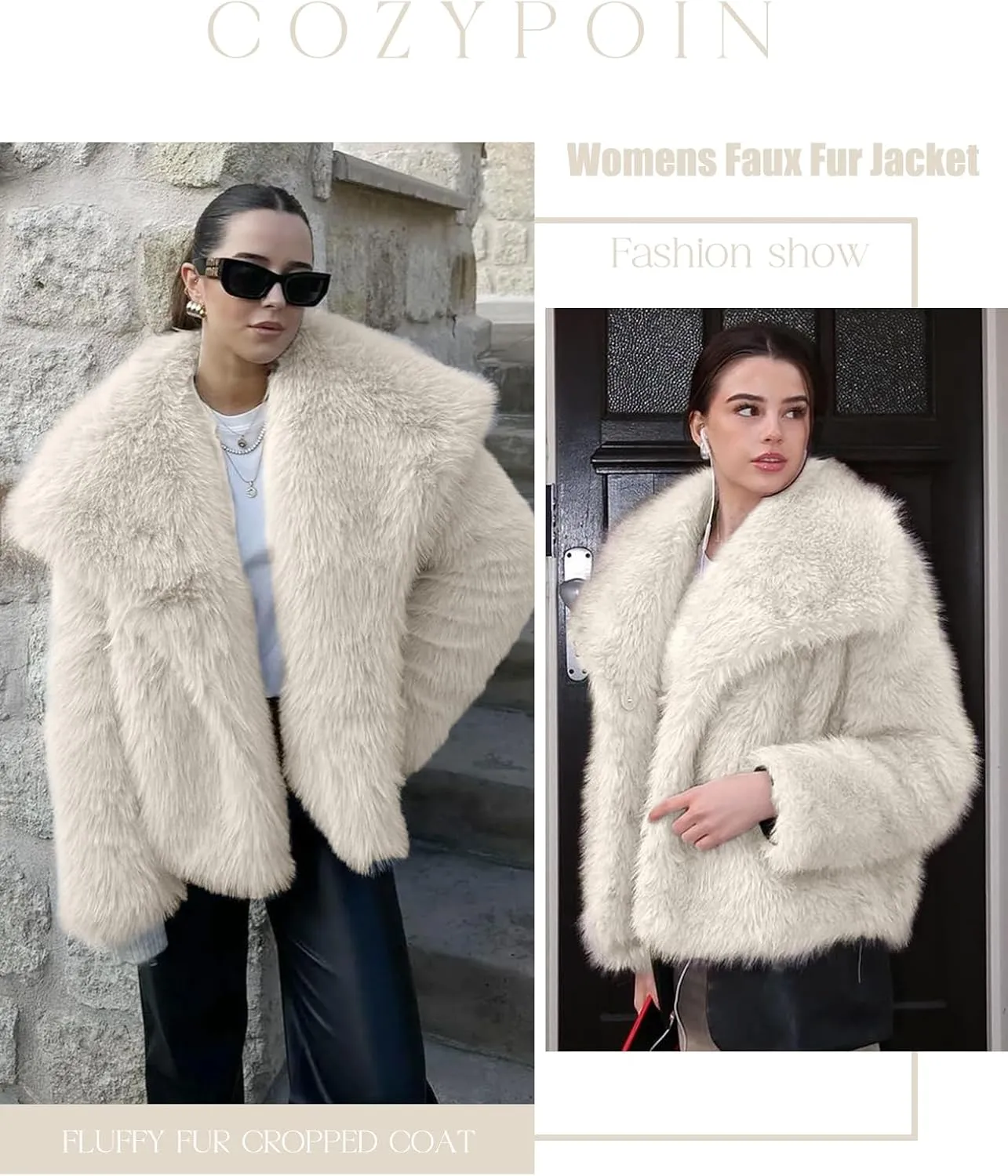 COZYPOIN Womens Faux Fur Jacket Fluffy Fur Cropped Coat Long Sleeve Open Front Fur Cape